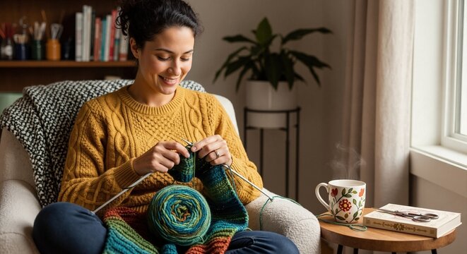 Woman knitting with colorful yarn while sitting in armchair at home. Relaxing hobby with hot tea and book by window. Cozy lifestyle and craft concept