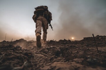Naklejka premium Soldier walks through rugged terrain during a military operation at dusk