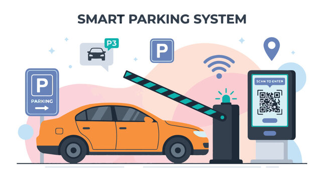 Automated Smart Parking System with QR Code Entry and Barrier Illustration