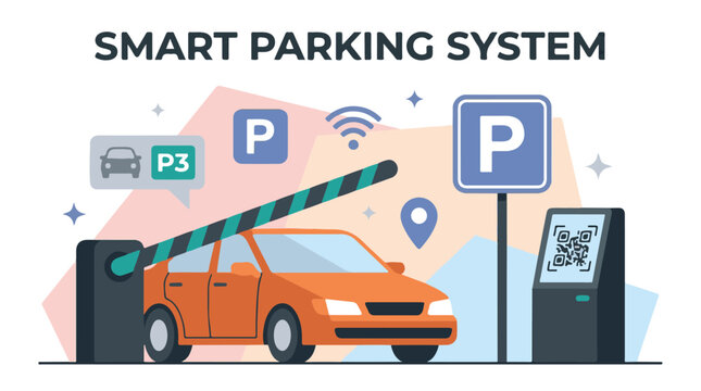 Smart parking system concept illustration with car and payment terminal