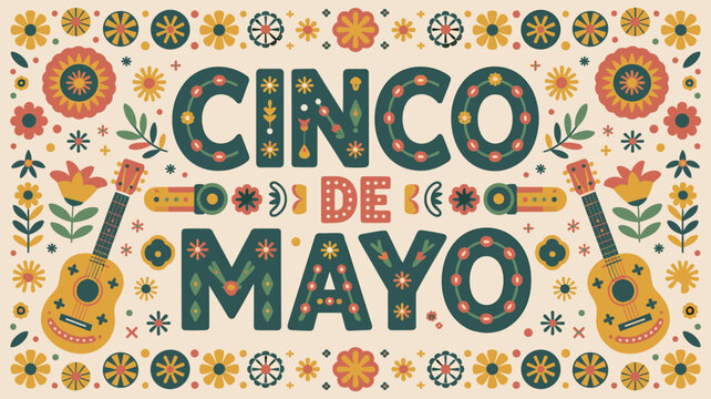 Traditional Mexican Cinco de Mayo celebration banner with folk art gui