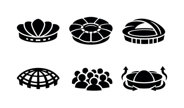 Solid style icons of flower-like stadium dome: petal-shaped roof segments, central hinge ring, opening arc, structural ribs,