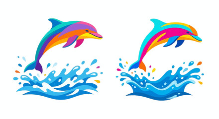 Two colorful dolphins leaping from vibrant splashing waves of water © PROMA