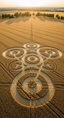 Naklejka premium Aerial View Of Intricate Crop Circle Design In Golden Wheat Field At Sunset