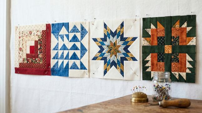 Completed patchwork quilt blocks in log cabin flying geese and star patterns
