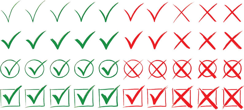 Check tick mark icon set. Cross box x check mark checkbox v list vector draw hand drawn sketch doodle Vector Illustration. Red, Green, Black color
