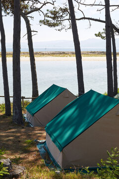 Scenic camping spot on Cies Islands in Galicia, Spain