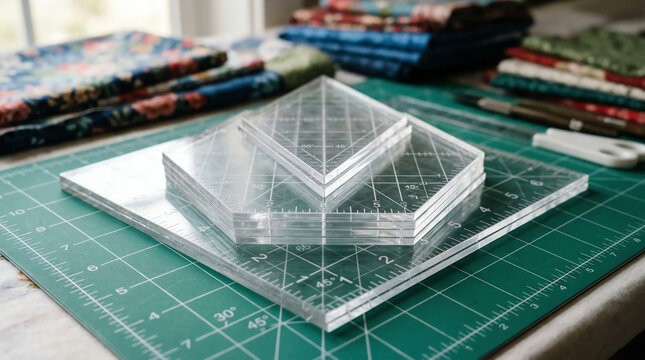 Clear acrylic quilting rulers and templates in various geometric shapes