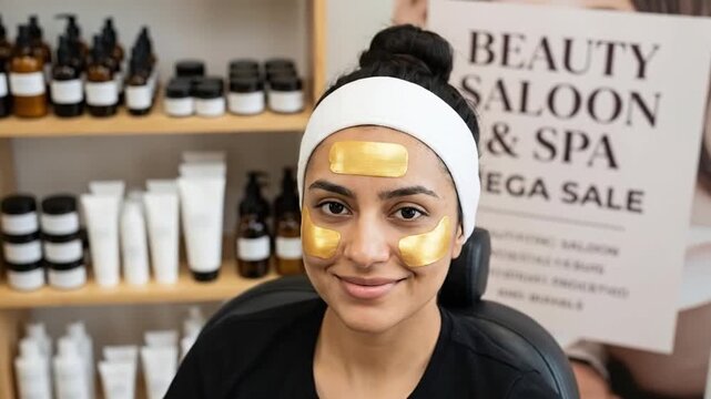 Woman with golden eye patches and facial mask in a beauty salon