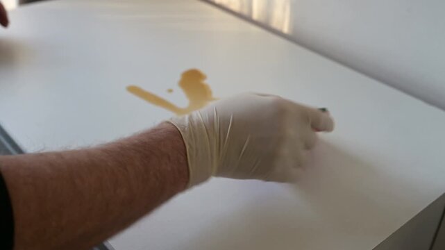 man cleaning a white surface with a sponge