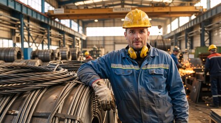 Obraz premium Confident industrial worker leaning on steel wire coils in a factory. Male manufacturing plant employee in yellow hard hat and blue uniform