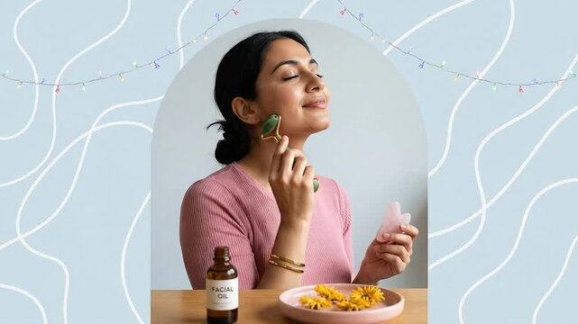 Woman enjoying facial massage with jade roller and gua sha tool, promoting self-care and beauty rituals.