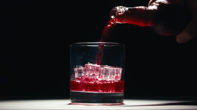 Vermouth Negroni, spanish wine drink, Alcoholic Americano Cocktail bitter, sweet vermouth and soda water, close up of making drink, summer spanish vacations. 