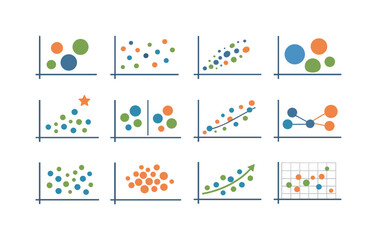 Obraz premium Flat vector icons of data visualization scatter and bubble charts: varying bubble size, data dispersion, scatter plot, bubble