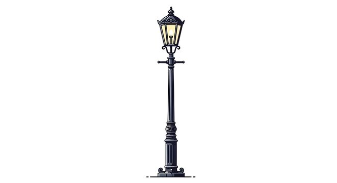 Classic black metal street lamp post in Victorian style with a glowing lantern. Detailed vector illustration of a vintage outdoor city light.