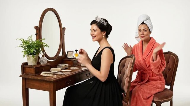 Elegant Woman Applying Makeup at Vanity, Friend in Robe Gestures Enthusiastically