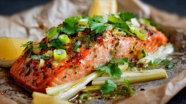 Oven baked salmon fillet parcel garnished with fresh herbs and sliced leek