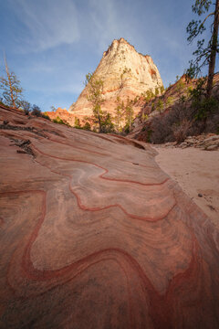 View of striated red and orange rock formations leading the eye towards a towering sandstone peak under a blue sky in Zion National Park, Springdale, Utah, United States.