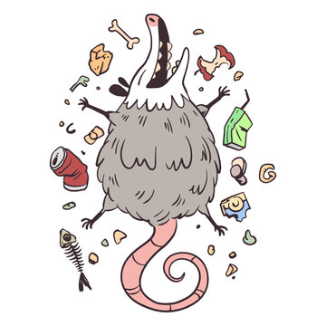 Cartoon opossum surrounded by trash