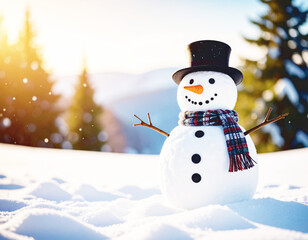 Obraz premium Snowman in a backyard after a winter snowstorm. AI