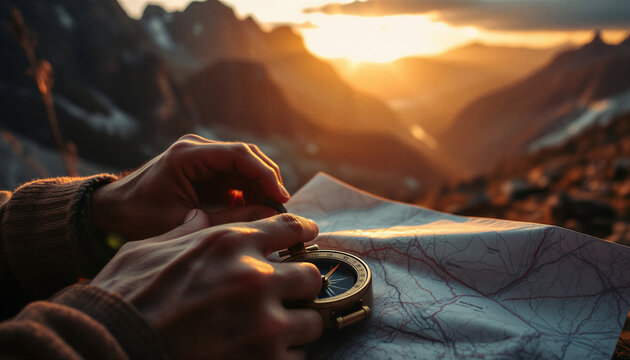 Man navigating with a compass and map at sunset in mountains  