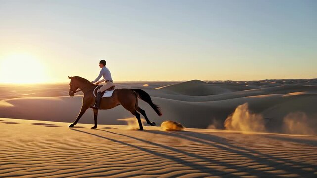 Man riding a horse swiftly across the desert dunes at sunset  