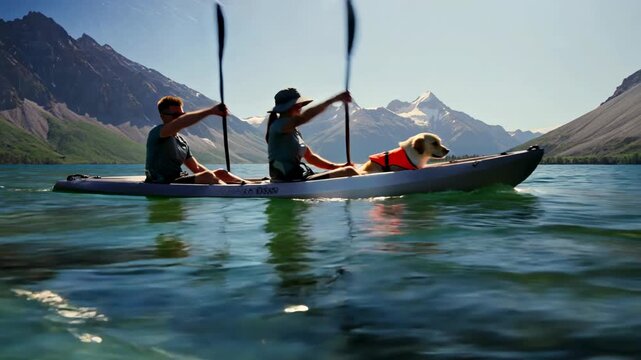 Two people paddling a kayak with a dog in a mountain lake  