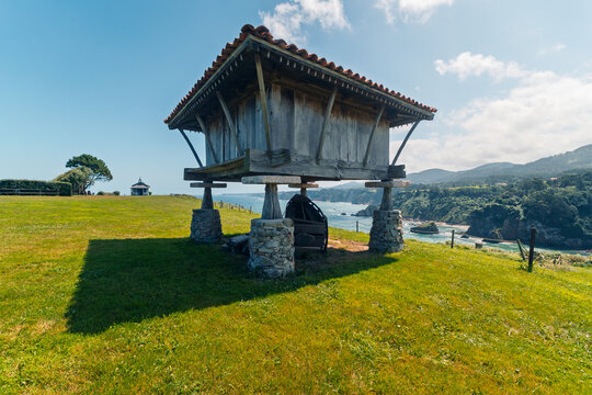 Traditional horreo in Cadavedo, Asturias landscape