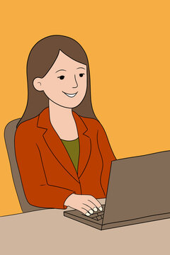 Animated businesswoman working on laptop at desk