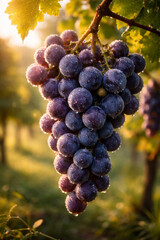 Naklejka premium Fresh grapes glistening with water droplets in vineyard sunlight