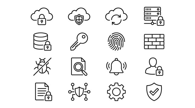 Set of 16 Data Security and Cloud Protection Line Icons Vector