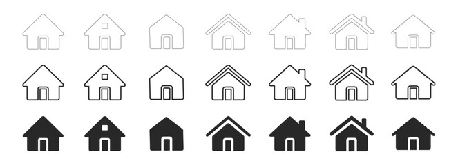 Obraz premium House and home icon set, outline and solid vector symbols, simple black real estate collection, minimal residential building icons isolated on transparent background