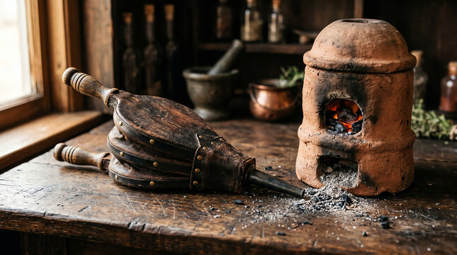 Miniature leather alchemist bellows and clay athanor furnace on oak bench