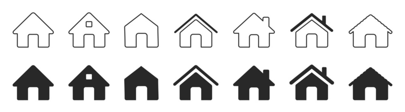 House and home icon set, minimal outline and solid residential building symbols, simple real estate property vector collection isolated on transparent background