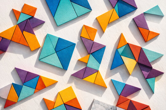 Colorful tangram puzzle pieces arranged on white background