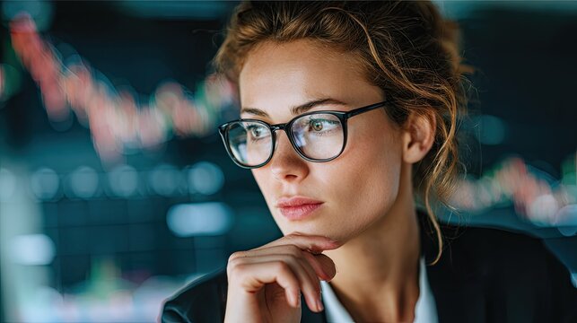 Woman analyzing financial data on a digital screen thoughtful expression