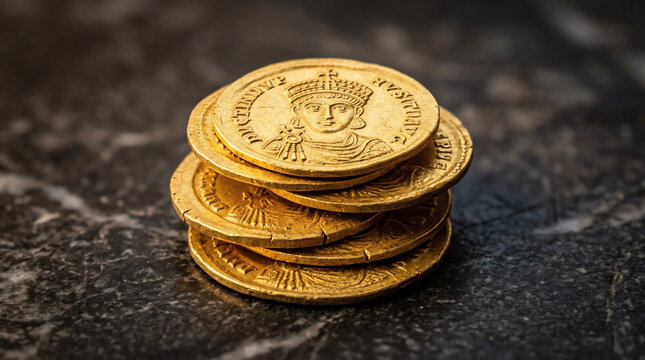 Byzantine gold solidi with frontal portrait busts stacked on dark marble