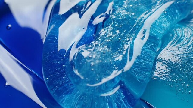 Dynamic abstract close-up of vibrant blue liquid or melting ice with swirling patterns and texture, evoking a cool and refreshing sensation.