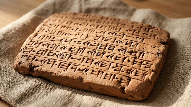 Clay tablet replica with impressed cuneiform wedge marks on linen surface