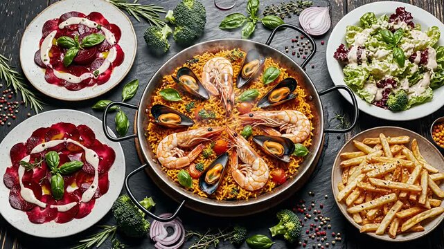 Gourmet seafood paella, beetroot carpaccio, salad, fries on dark table