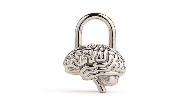Brain shaped padlock on white background, mental health security and emotional protection concept