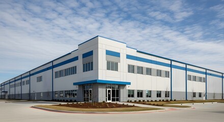 Fototapeta premium Modern industrial warehouse building with blue and white exterior under clear blue sky