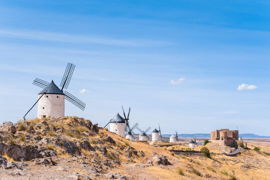 Windmills in La Mancha countryside, Spain
