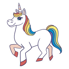 White unicorn with a rainbow mane standing © Vexels