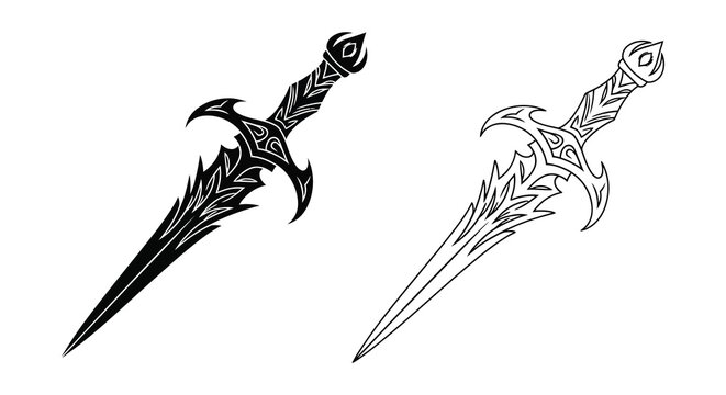Two ornate daggers depicted in a striking black and white silhouette