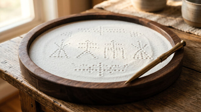 Wooden geomancy sand tray with traced dot patterns and brass stylus