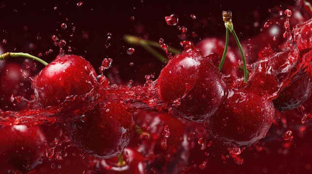 Fresh cherries splashing in liquid droplets isolated on dark background