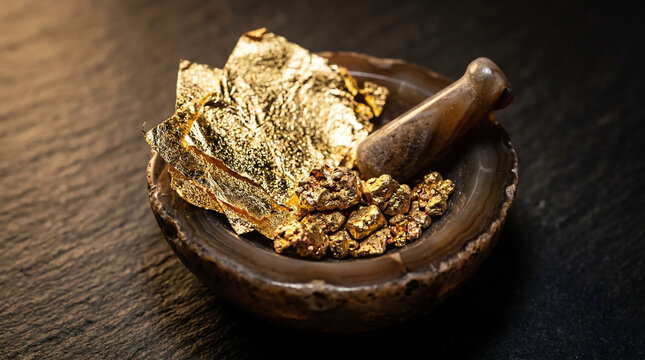 Thin gold leaf sheets and gold amalgam granules in agate mortar