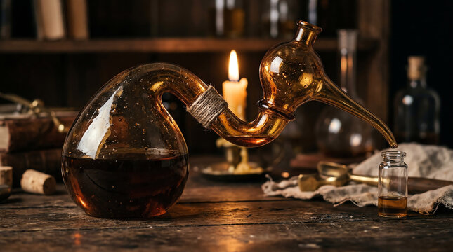 Hand-blown glass retort and alembic distillation head on dark laboratory bench