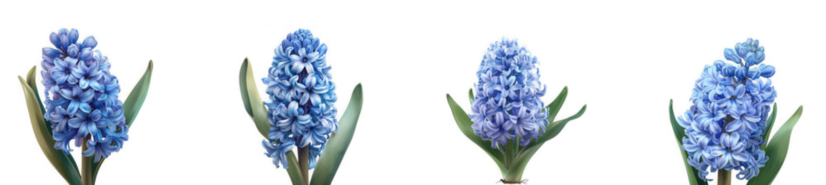 Blue hyacinth flower clusters with green leaves, spring floral botanical isolated on transparent background
